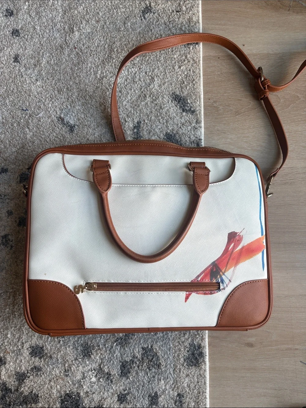 Desigual White Laptop Bag with Multicolor Brushstroke Design and Brown Trim